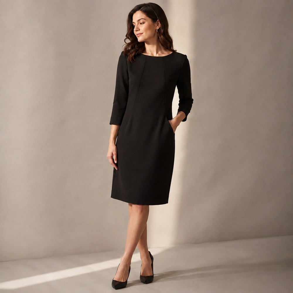 M.M. LaFleur Dress Sheath Polyester Spandex Womens Black 4 3/4 Sleeve Pockets